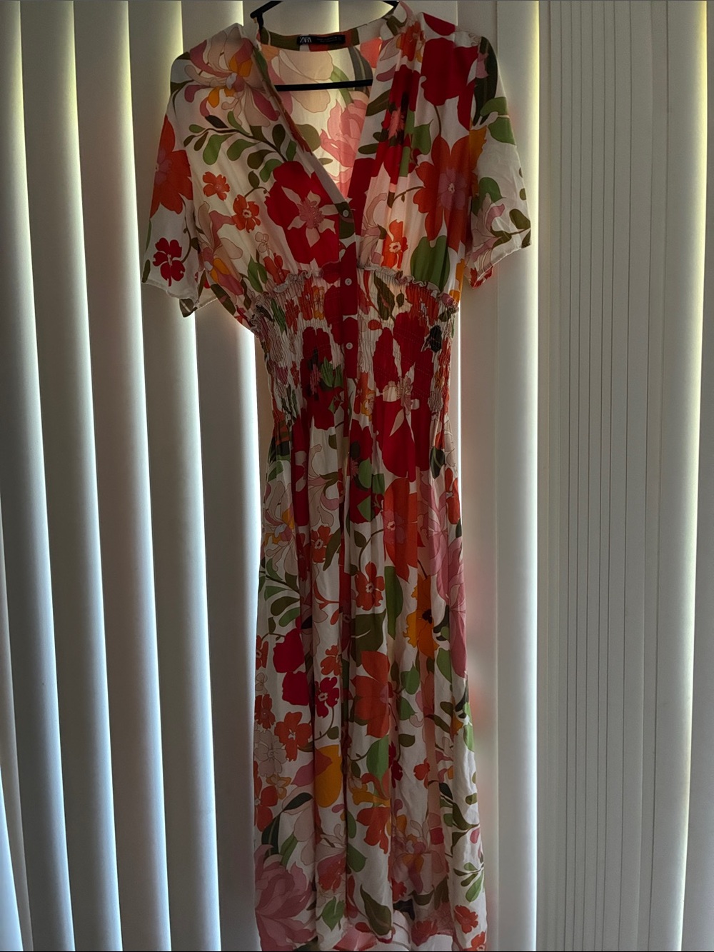 Zara Floral V-Neck Maxi Dress in White, Red, Pink and Green